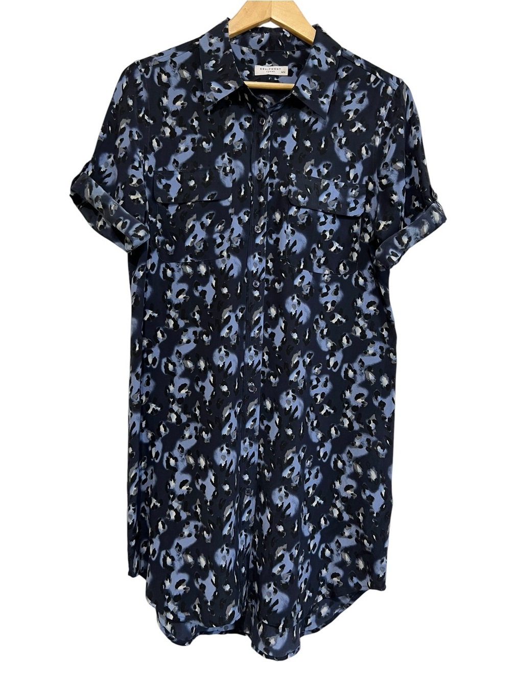 Equipment Silk Blue Animal Print Shirt Dress Short Sleeve Size Medium